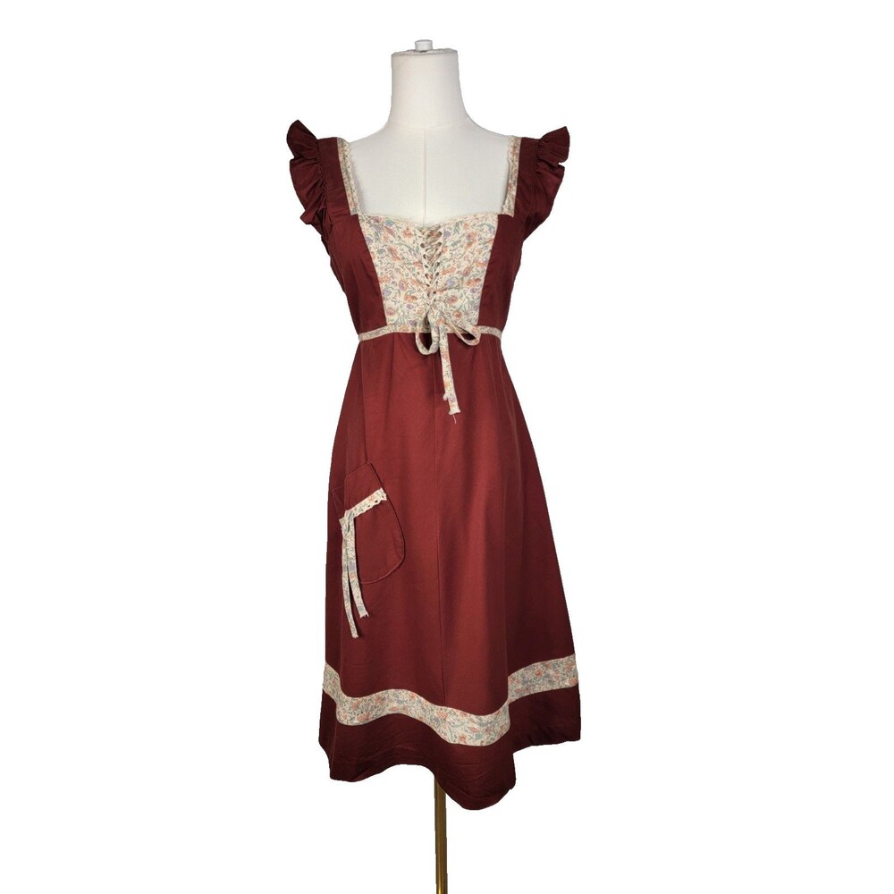 1970s Brown Prairie Dress S/M Vintage Cottage Ren Faire Fairy Union Vtg